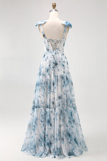 Blue Flower Printed A Line Long Bridesmaid Dress with Straps Bows